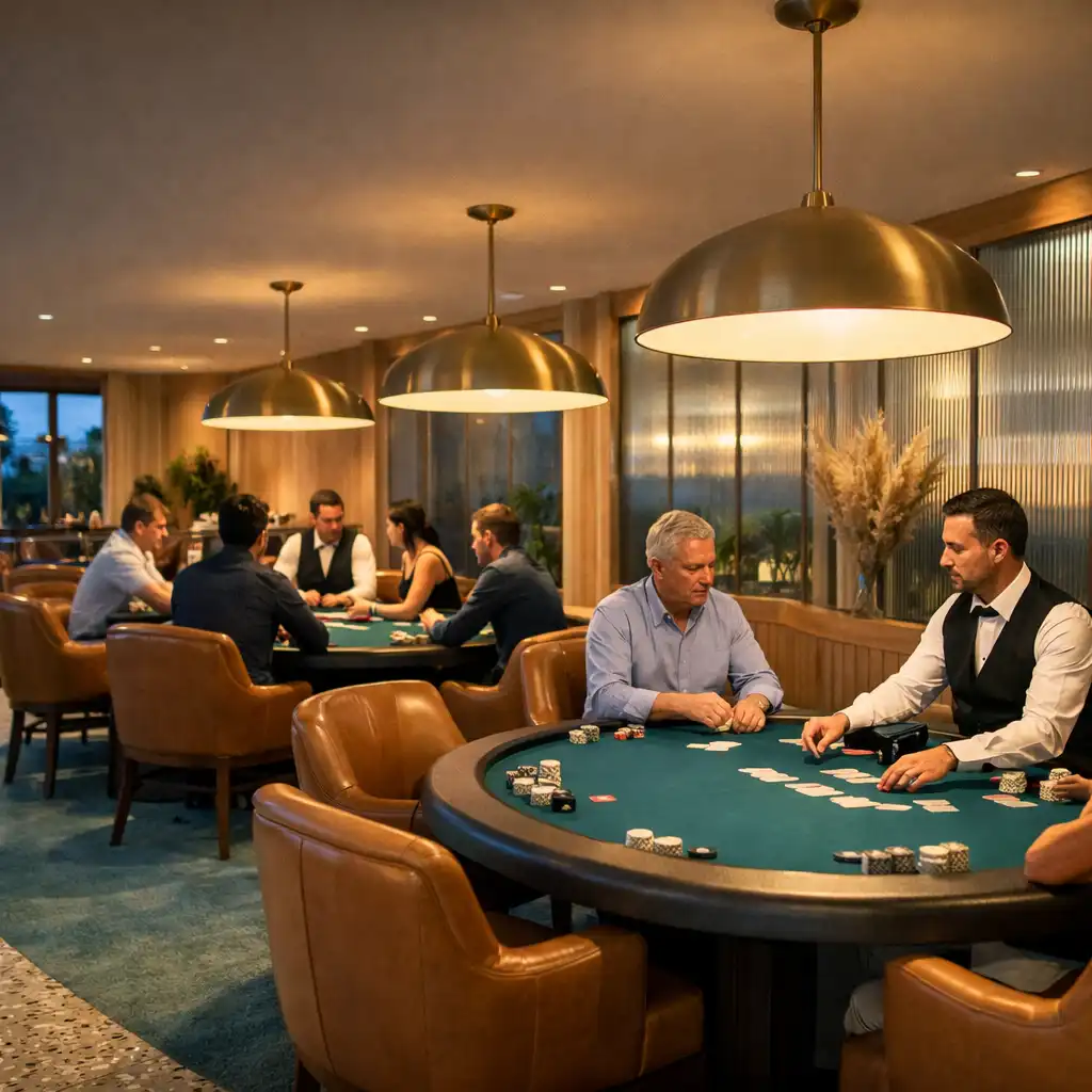 Three complete Ocean Teal poker tables with seated players, a dealer and warm pendant lighting in the Card Room.