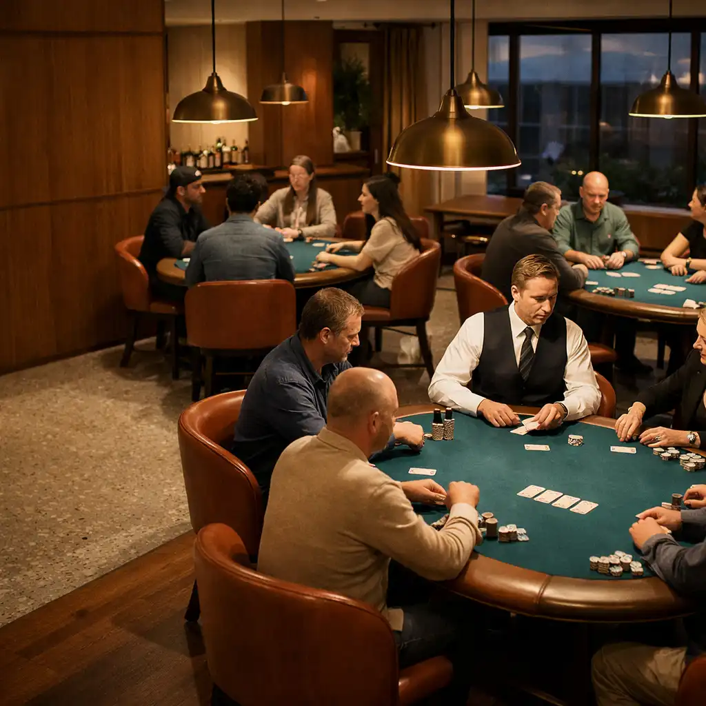Adult players and a dealer gathered around complete Ocean Teal poker tables in LuckyPpampa’s Card Room