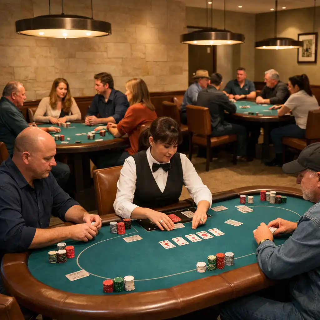 Dealer-led live Texas Hold’em with adult players around multiple complete poker tables
