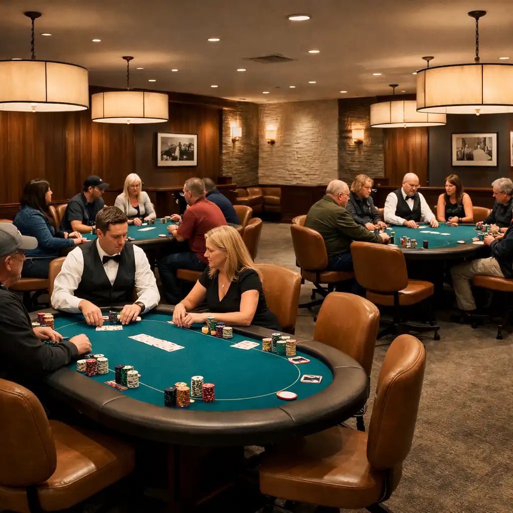 A wide view of several complete poker tables, players and a dealer in LuckyPpampa’s dedicated Card Room.