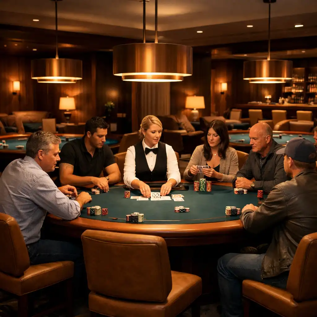 Multiple physical poker tables with seated guests and a dealer in the Card Room