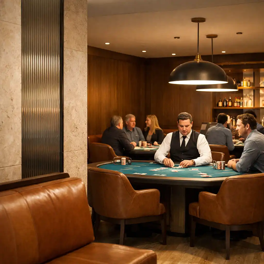 Poker Lounge threshold with clay-leather seating, a dealer and complete physical poker tables