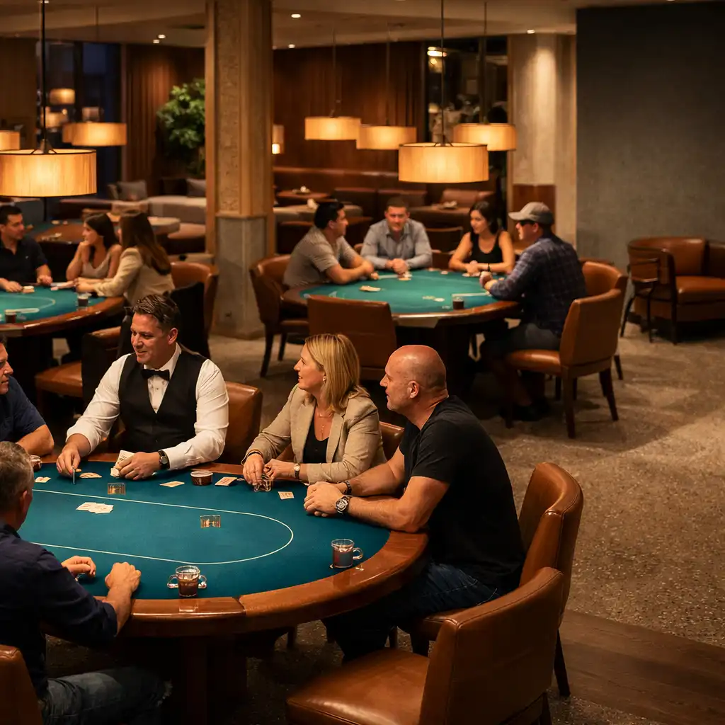 People conversing around several complete Ocean Teal physical poker tables in a warmly lit Card Room.