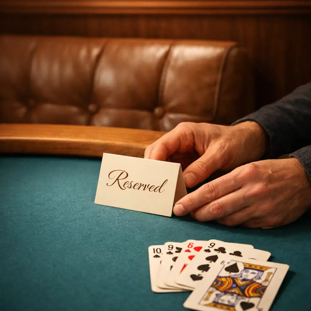 Hands arranging a warm chalk reservation card beside playing cards on Ocean Teal felt near warm hospitality materials.