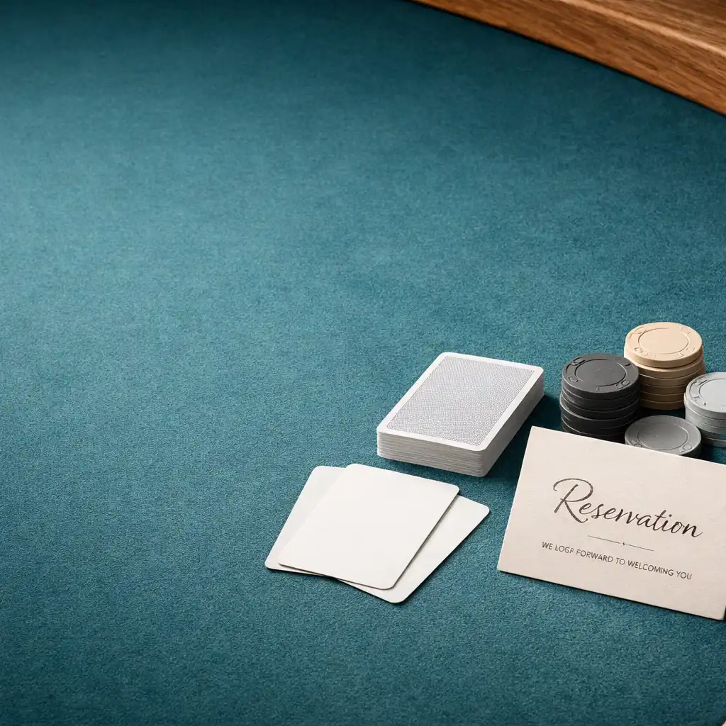 Overhead view of an Ocean Teal physical poker table with a warm chalk reservation card, playing cards and neutral chips.