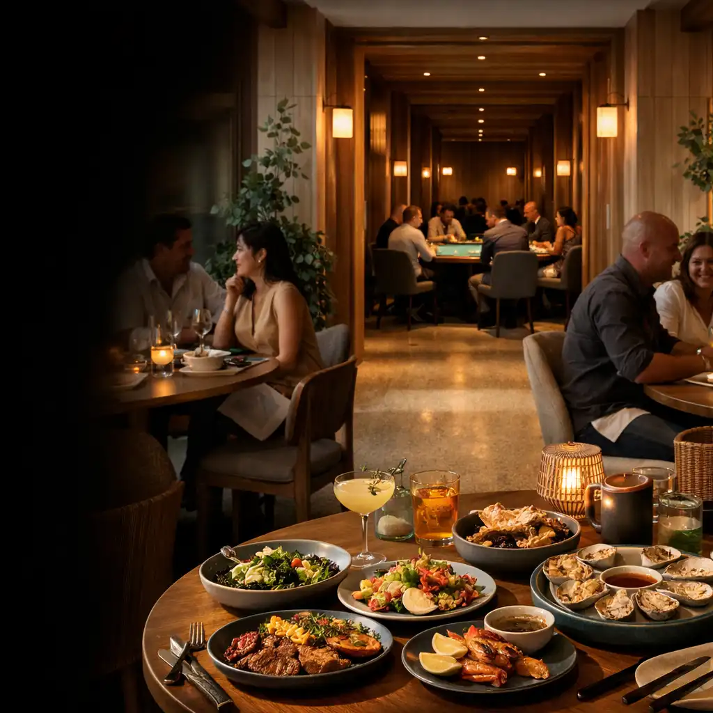 A restaurant table with sharing dishes leads through a timber corridor towards several lit physical poker tables.