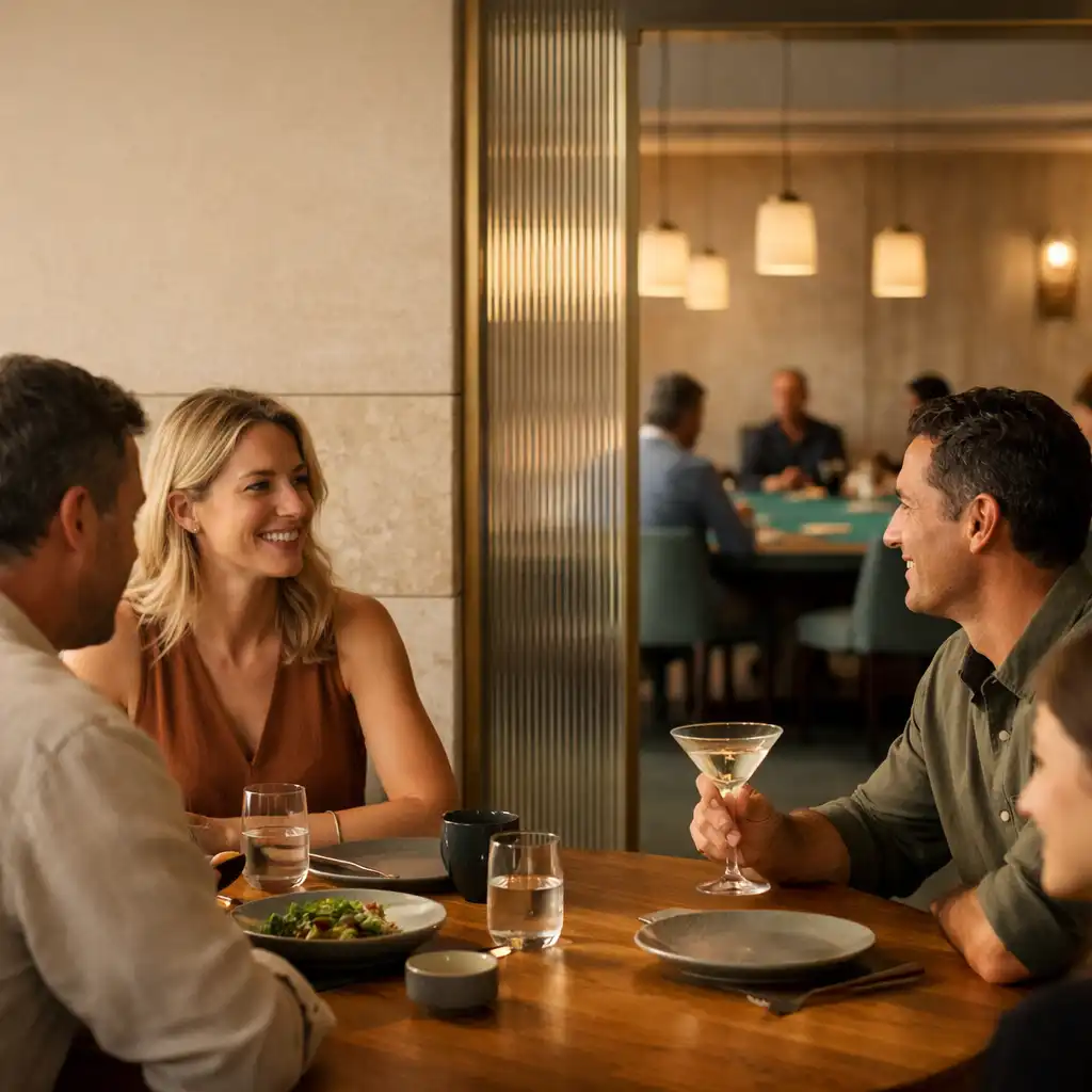 A social group dining at a timber table with LuckyPpampa’s softly lit Card Room visible beyond.
