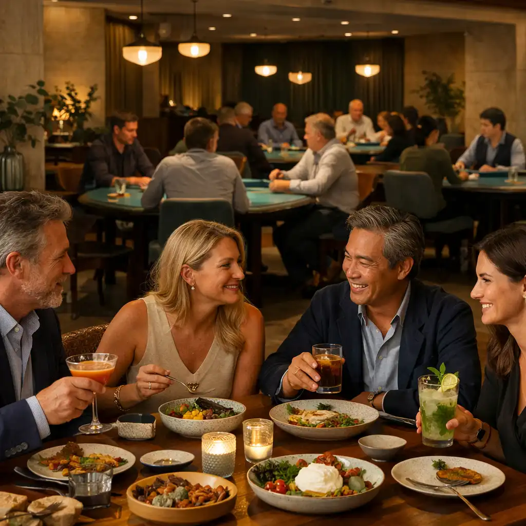 Guests share food and cocktails at a timber table while a softly lit Card Room with poker tables sits beyond the lounge.