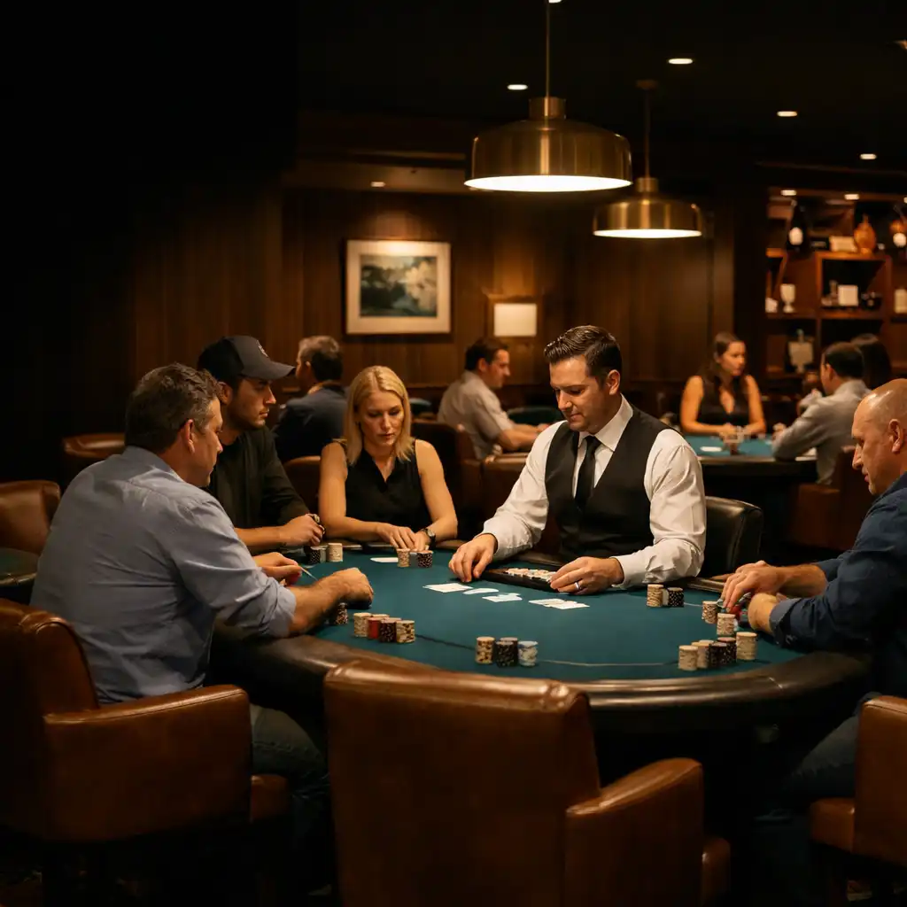A dedicated Card Room with several Ocean Teal felt poker tables, players and warm lighting