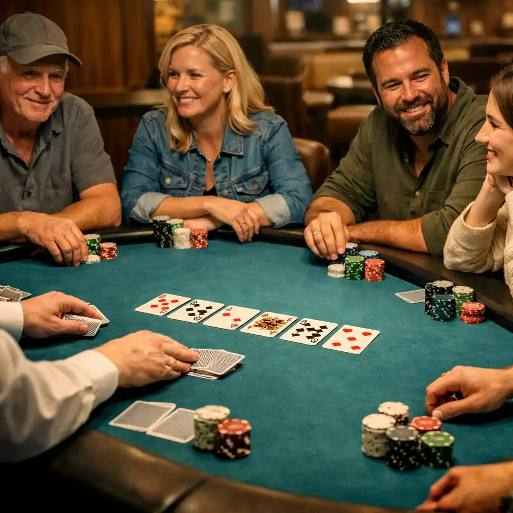 Dealer and guests in relaxed conversation around a physical Ocean Teal felt Texas Hold’em table