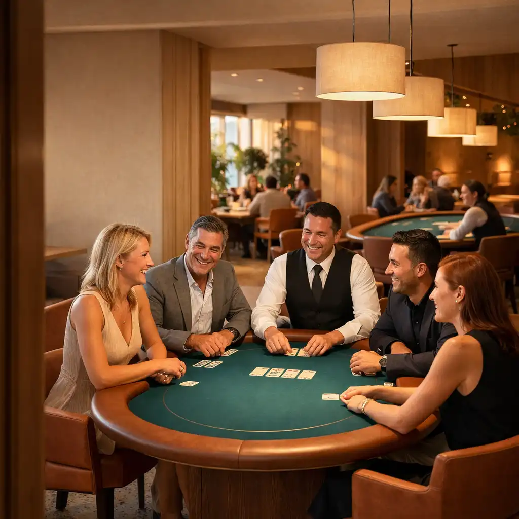 Guests and a dealer gathered around an Ocean Teal poker table beside a warm restaurant setting