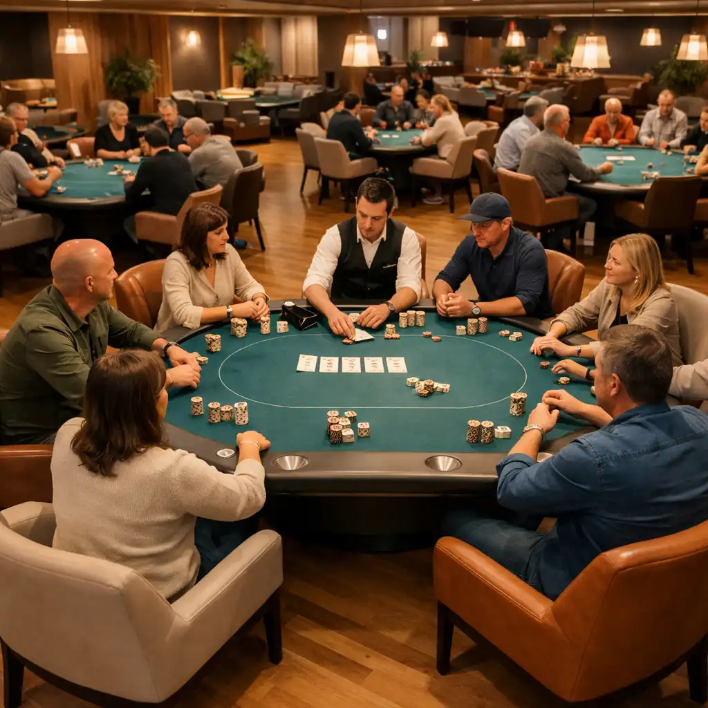 A refined poker room with multiple complete Ocean Teal tables, seated players and a visible dealer.