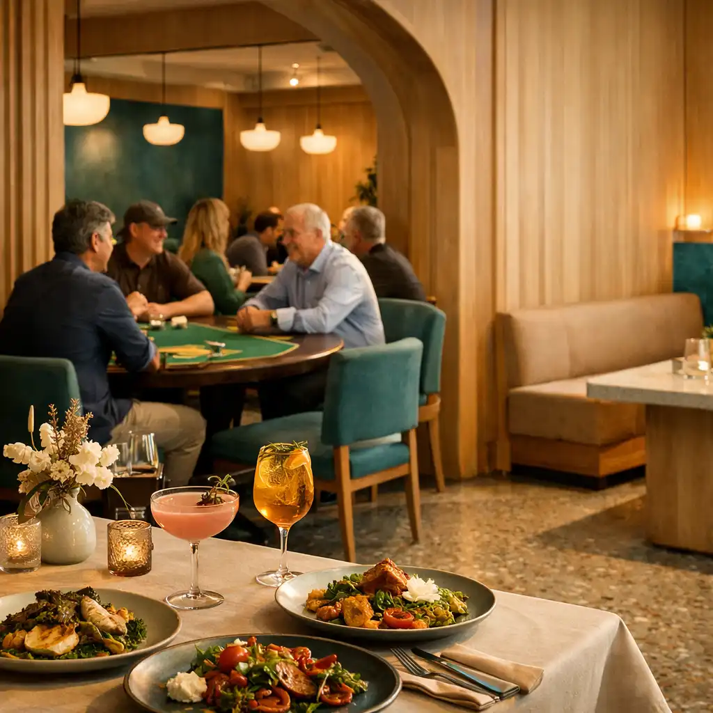 Modern Australian dining and cocktails in the foreground with poker tables visible through an architectural passage
