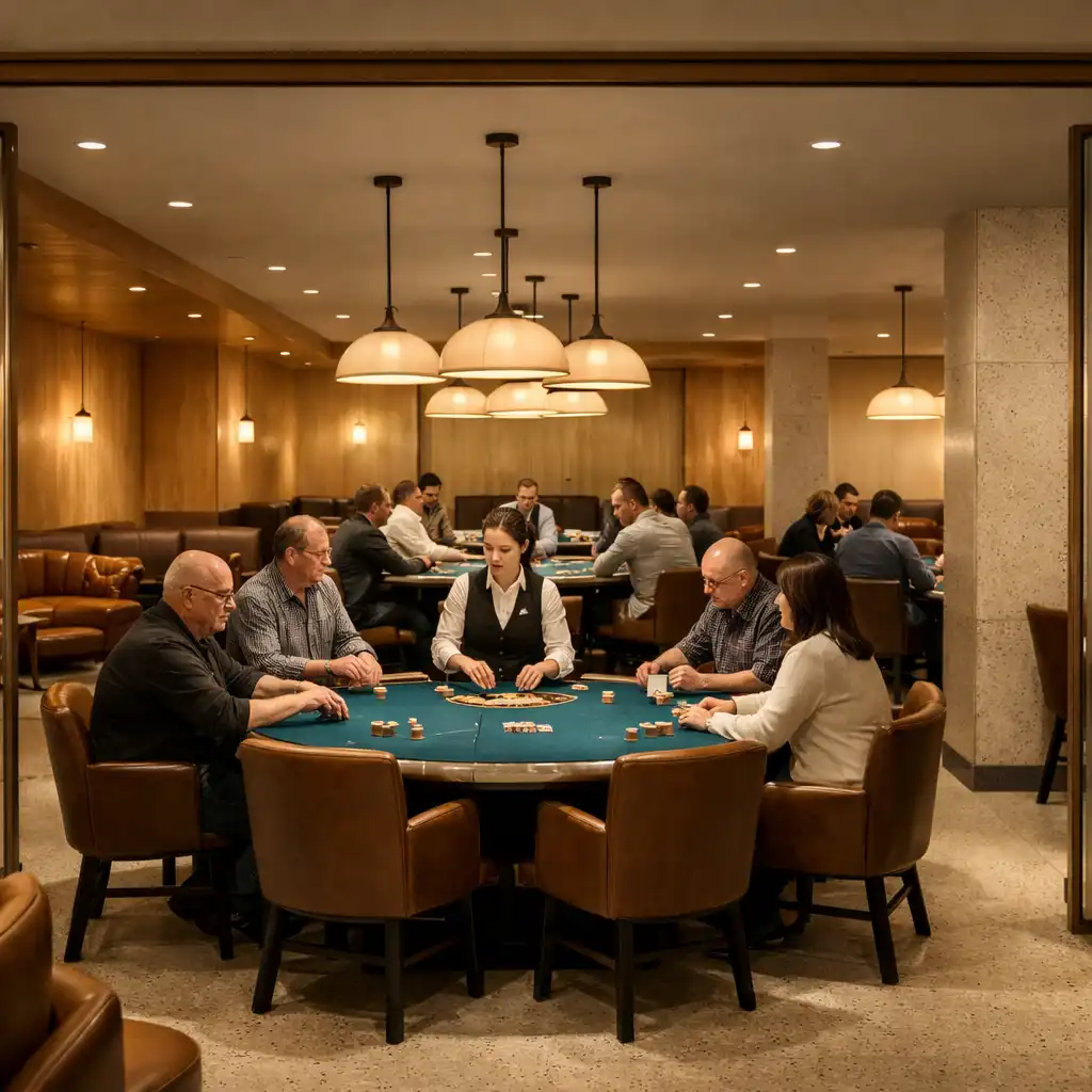 Wide view across several complete poker tables in LuckyPpampa's dedicated Card Room