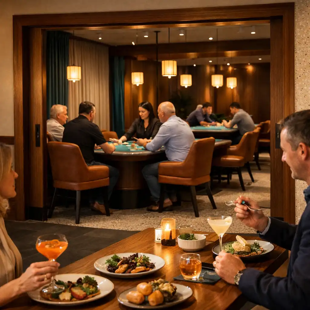 Guests dining in the foreground with a visible poker table and Card Room beyond