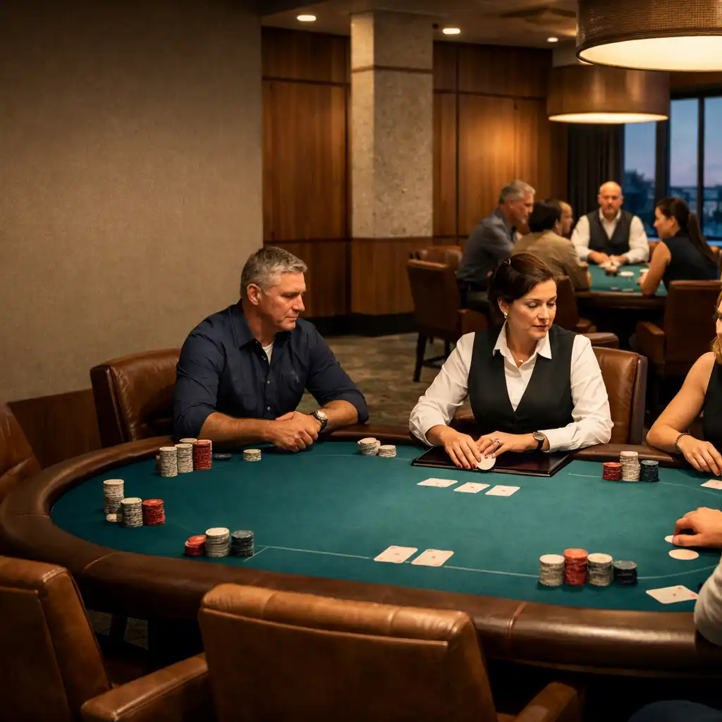 A complete Ocean Teal felt poker table with players and a dealer in LuckyPpampa's Card Room