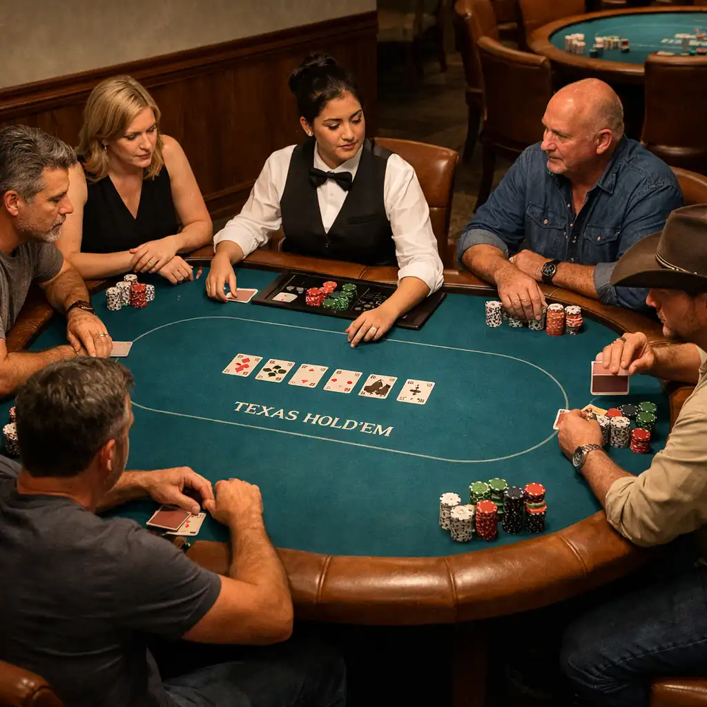 Dealer and players gathered around a complete live Texas Hold'em table