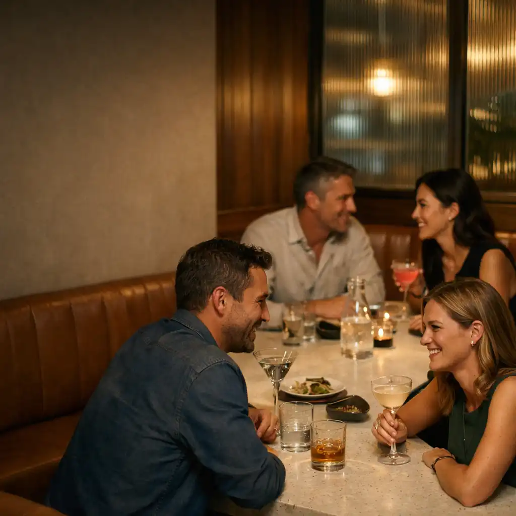 Guests in conversation over unbranded cocktails at a restaurant table