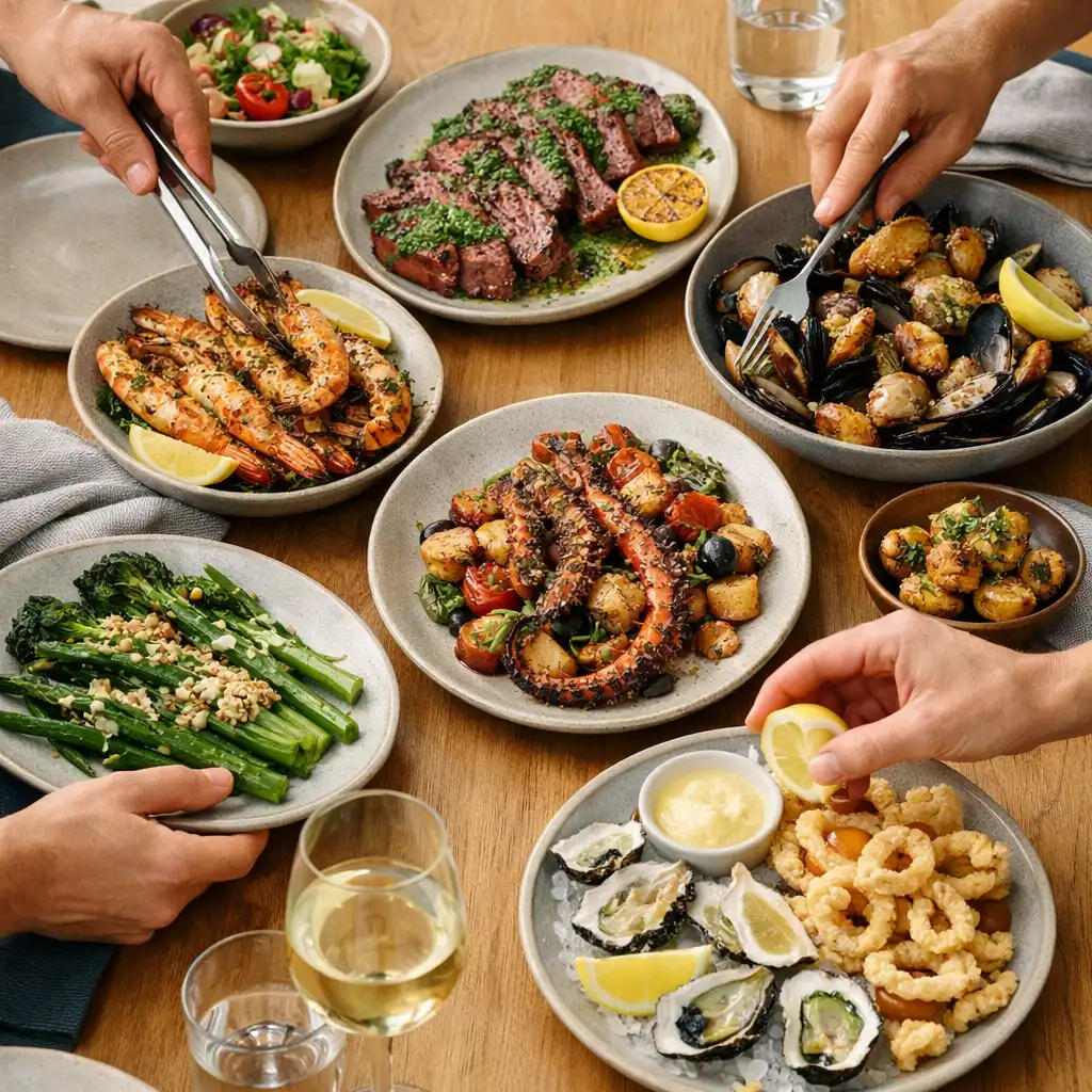 Shared grilled food and seafood dishes on a restaurant table