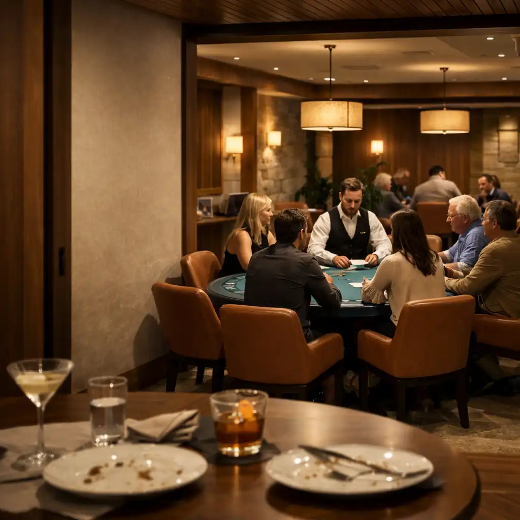 Dining table in the foreground leading towards multiple poker tables in a warmly lit Card Room