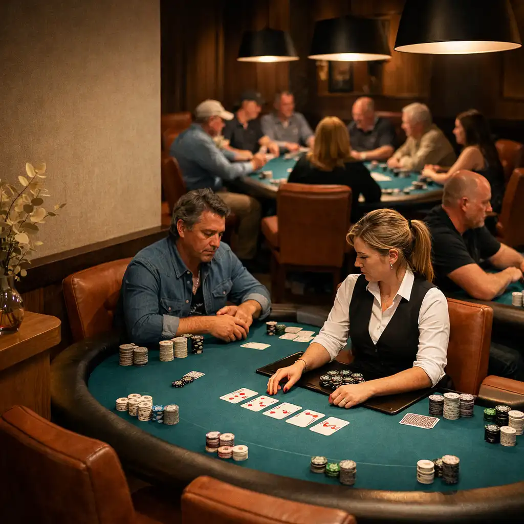 Players and a dealer gathered around complete teal felt poker tables in LuckyPpampa’s Card Room.